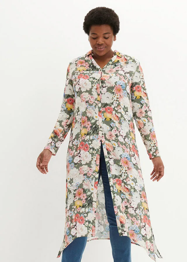 Blusa veraniega de viscosa sostenible Verde oliva de flores