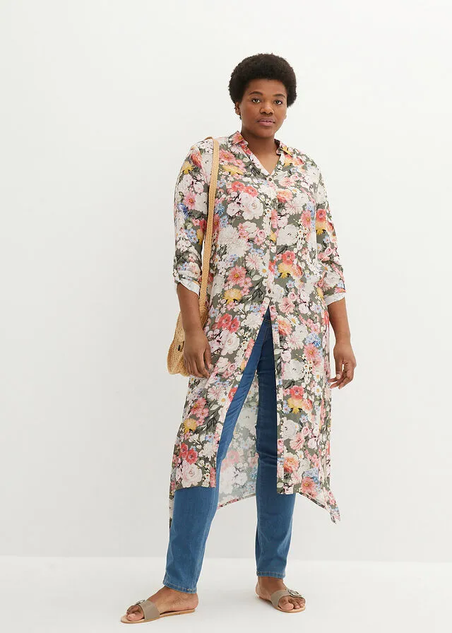 Blusa veraniega de viscosa sostenible Verde oliva de flores
