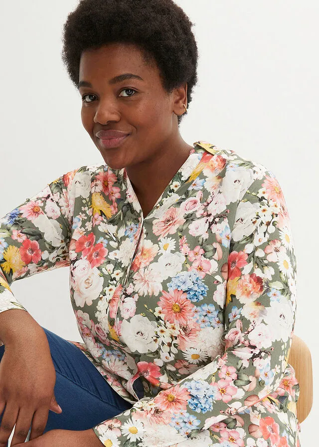 Blusa veraniega de viscosa sostenible Verde oliva de flores