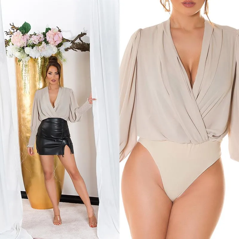 Body con manga larga y cuello V beige
