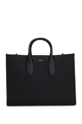 Bolso tote de sarga con monogramas y ribetes de piel sintética
