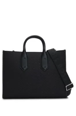 Bolso tote de sarga con monogramas y ribetes de piel sintética
