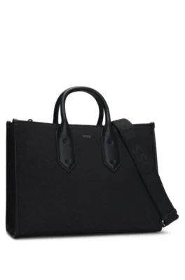 Bolso tote de sarga con monogramas y ribetes de piel sintética