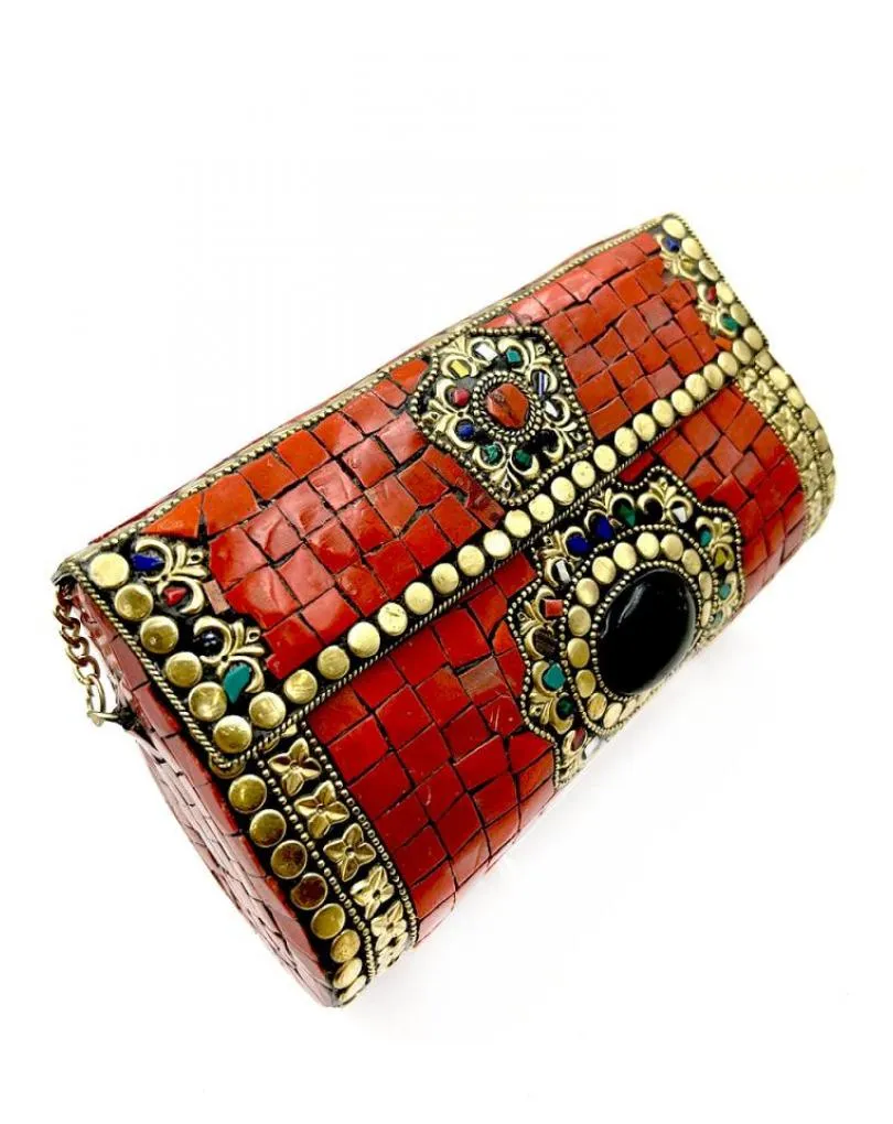 BOLSOS DE FIESTA ROJOS Y NEGROS ORIGINAL COFRE DE LATON CON MOSAICO