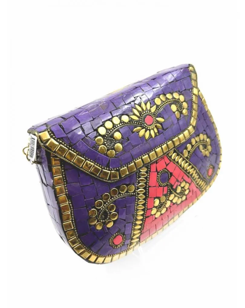 BOLSOS MORADOS Y FUCSIAS DE FIESTA EN LATON CON MOSAICO DE PIEDRAS