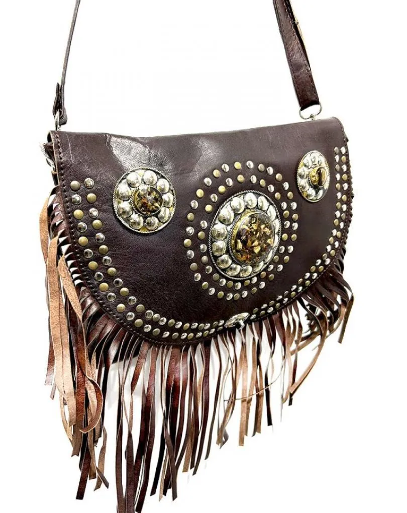BOLSOS MUJER EN PIEL CUERO CON FLECOS ESTILO BOHO IBIZA TONO MARRON