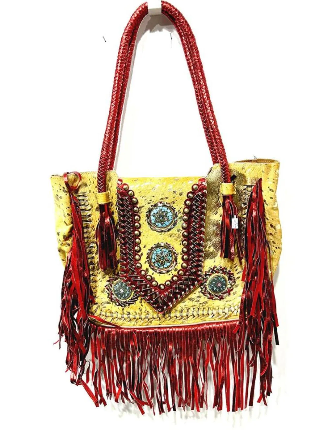 BOLSOS PIEL CUERO CON FLECOS ESTILO BOHO AZULON Y NEGRO