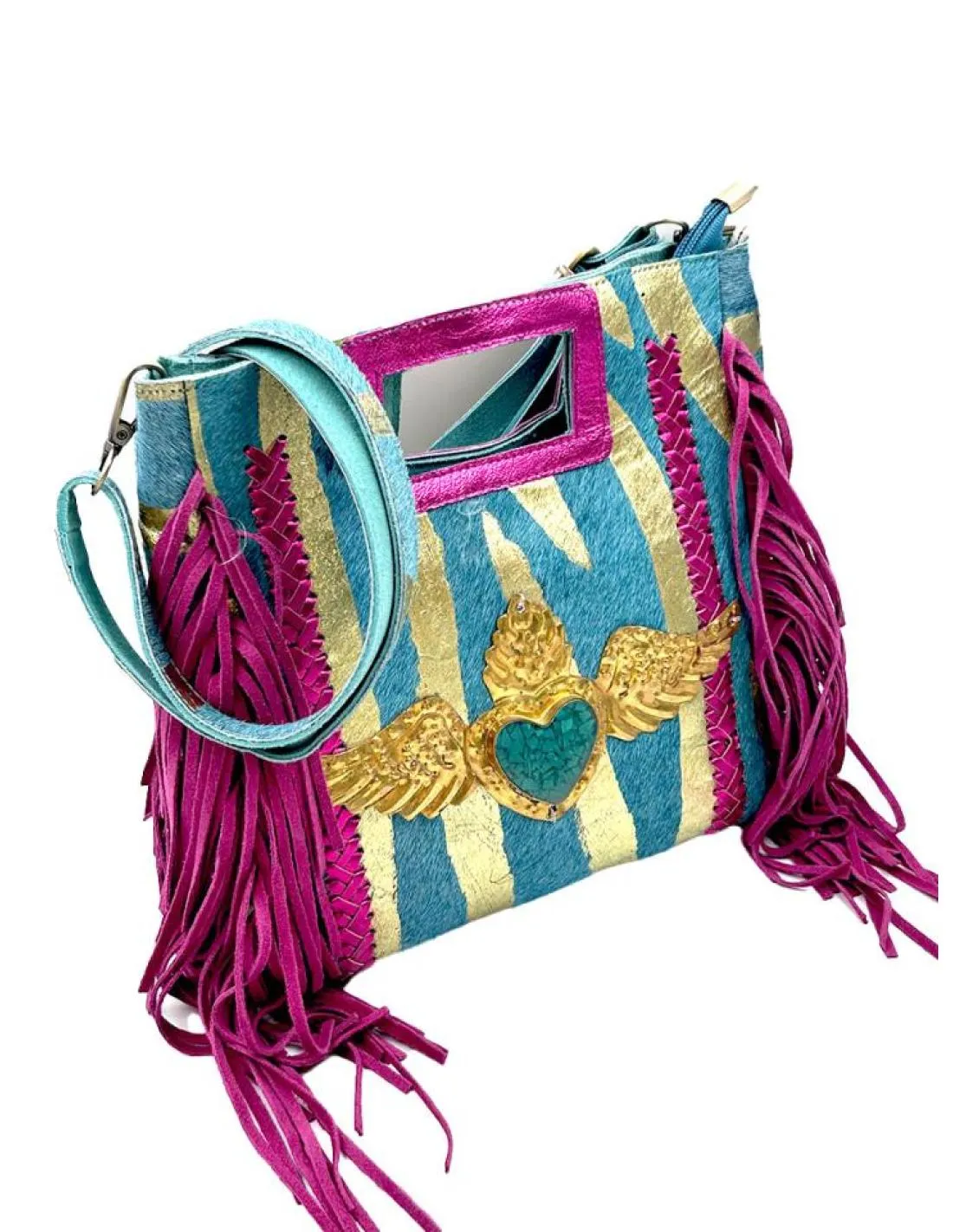 BOLSOS PIEL DE FLECOS EN AZUL TURQUESA FUCSIA Y DORADO CON CORAZON ALADO