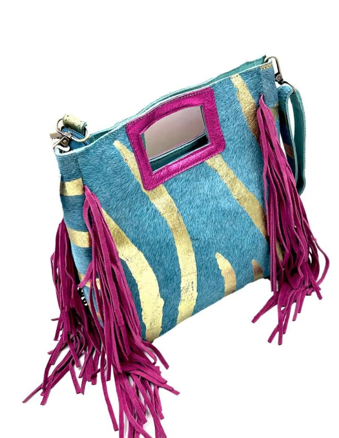BOLSOS PIEL DE FLECOS EN AZUL TURQUESA FUCSIA Y DORADO CON CORAZON ALADO