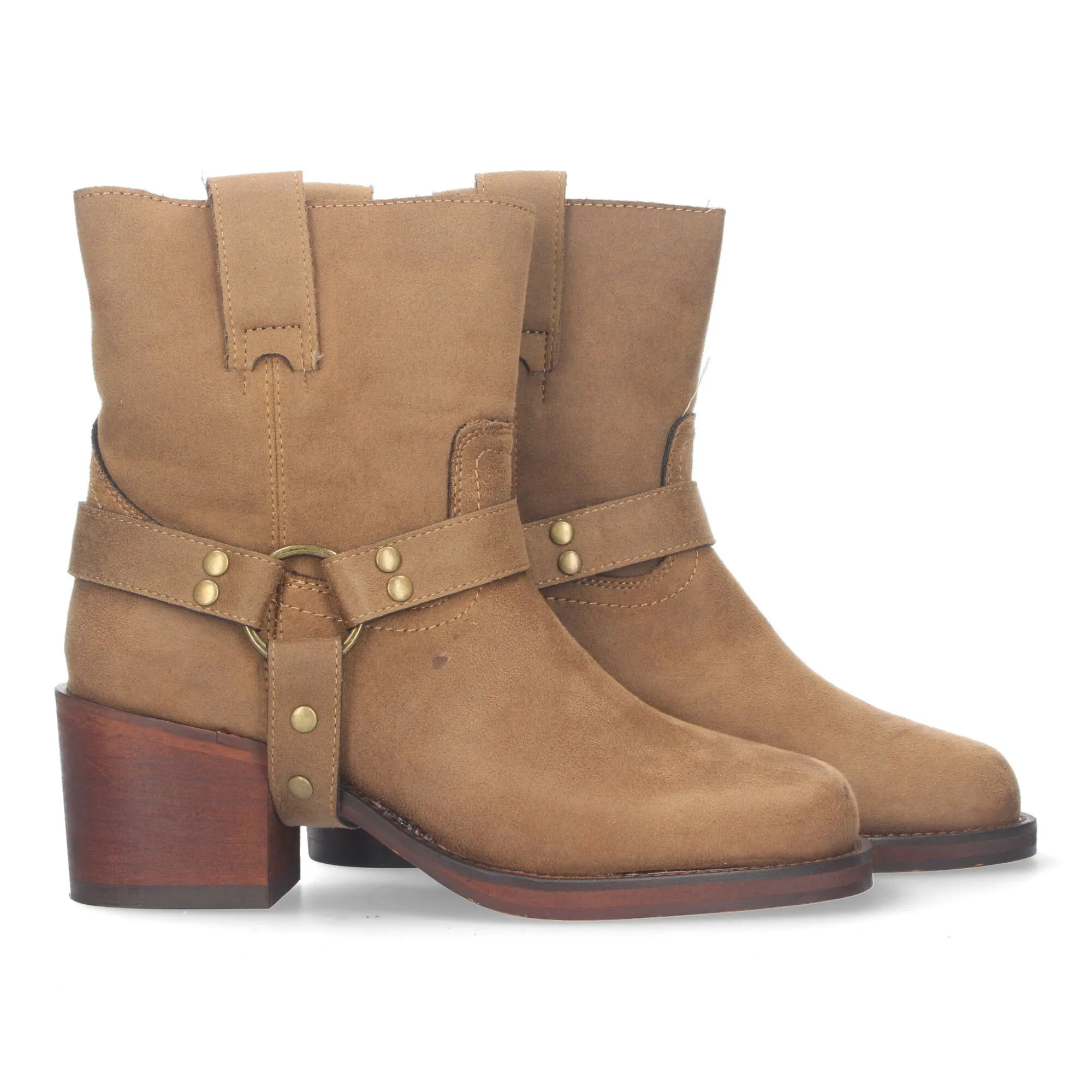 Botines de tacón estilo biker moteros para mujer color beige