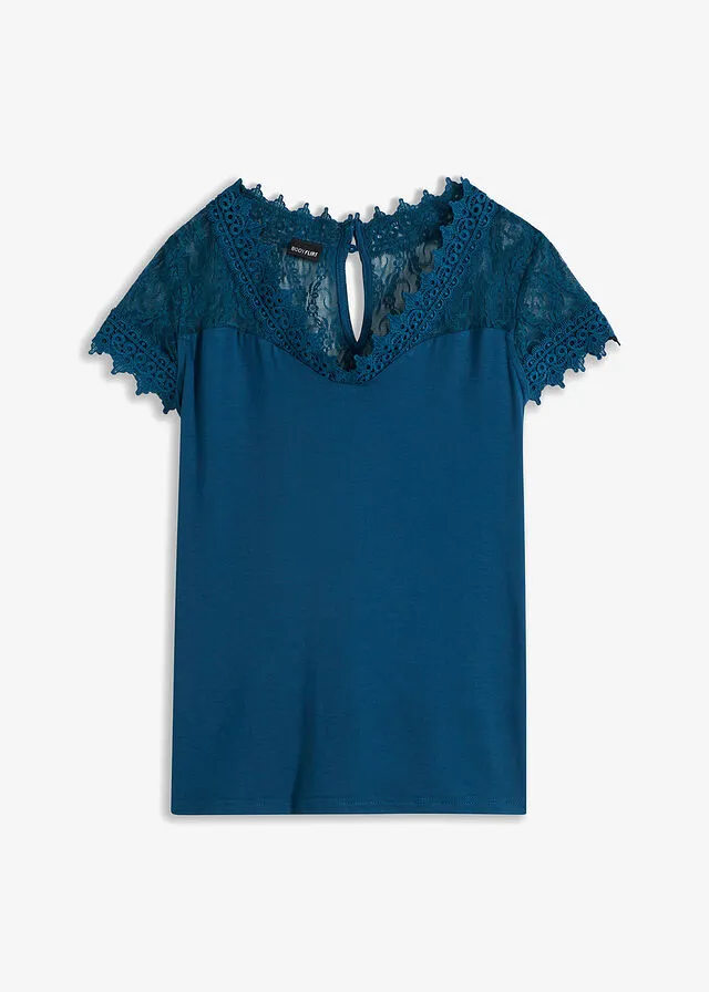 Camiseta con encaje de viscosa sostenible Azul petróleo