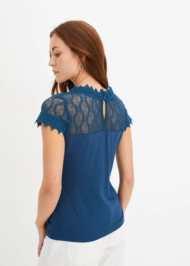 Camiseta con encaje de viscosa sostenible Azul petróleo