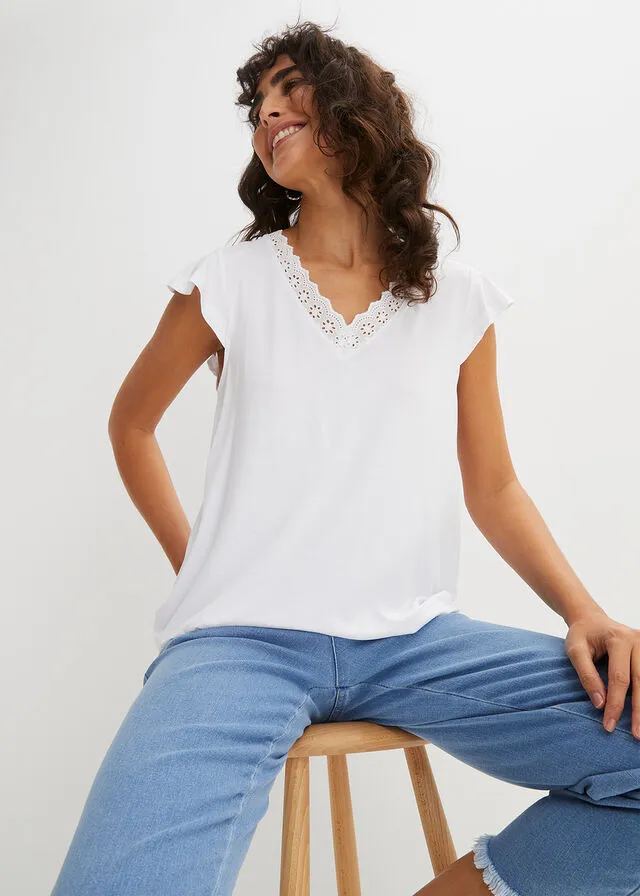 Camiseta con encaje de viscosa sostenible Blanco