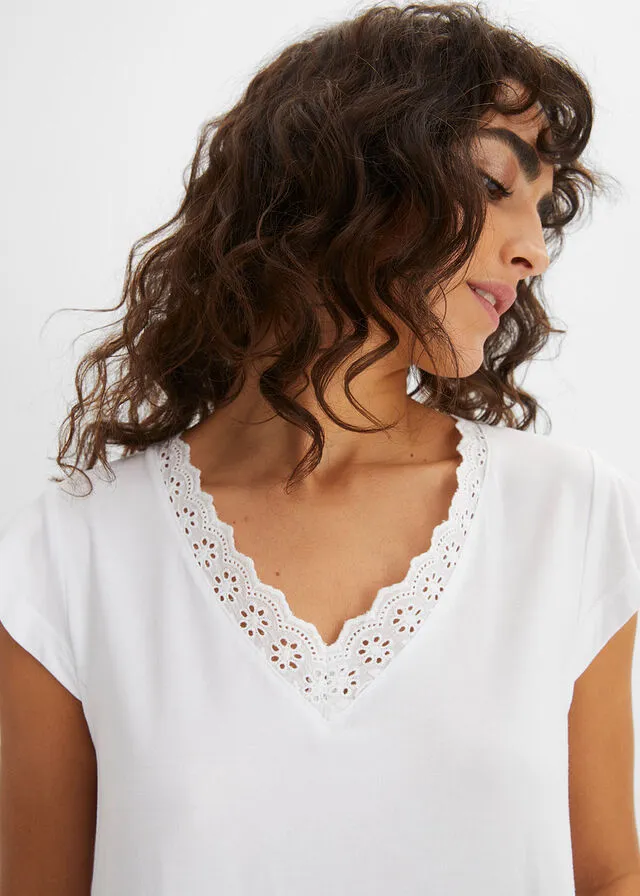 Camiseta con encaje de viscosa sostenible Blanco