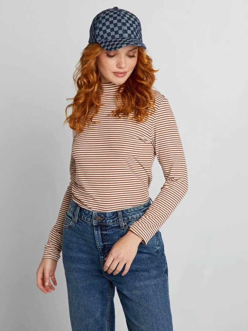 CAMISETA DE CUELLO ALTO DE PUNTO DE CANALé A RAYAS  BLANCO
