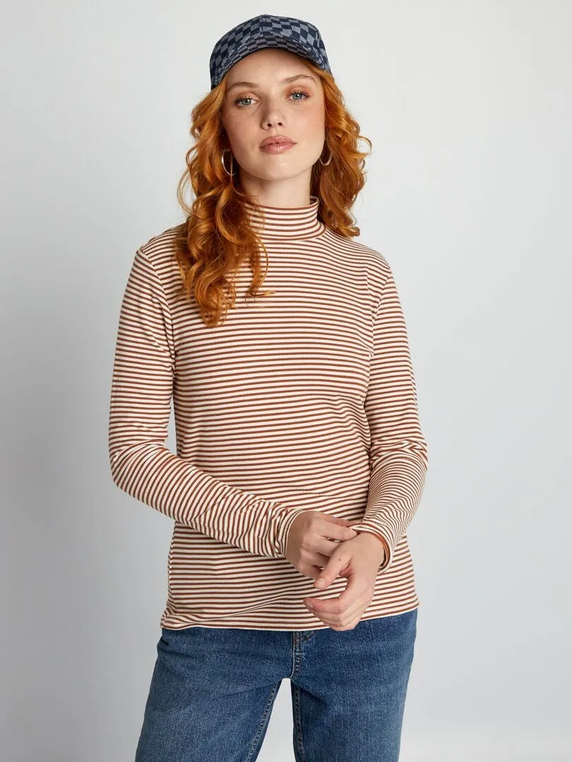 CAMISETA DE CUELLO ALTO DE PUNTO DE CANALé A RAYAS  BLANCO