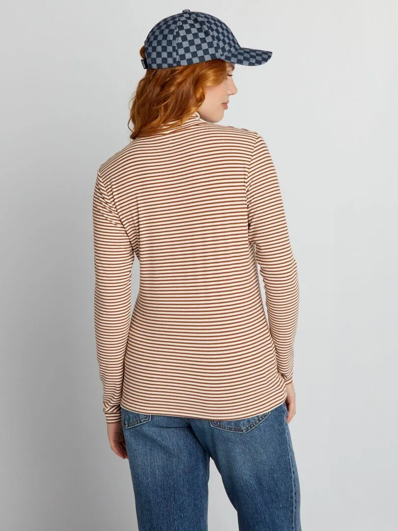 CAMISETA DE CUELLO ALTO DE PUNTO DE CANALé A RAYAS  BLANCO