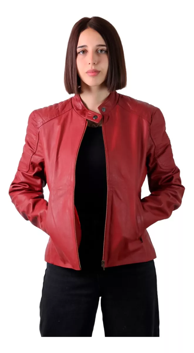 CAMPERA DE CUERO VACUNO 100% DE MUJER ROJA BORDO  LORE
