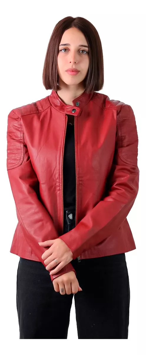 CAMPERA DE CUERO VACUNO 100% DE MUJER ROJA BORDO  LORE