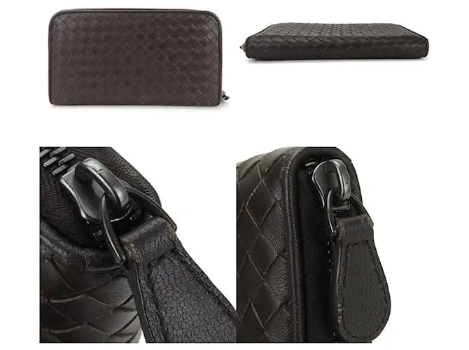 Cartera de cuero marrón oscuro Intrecciato de Bottega Veneta 