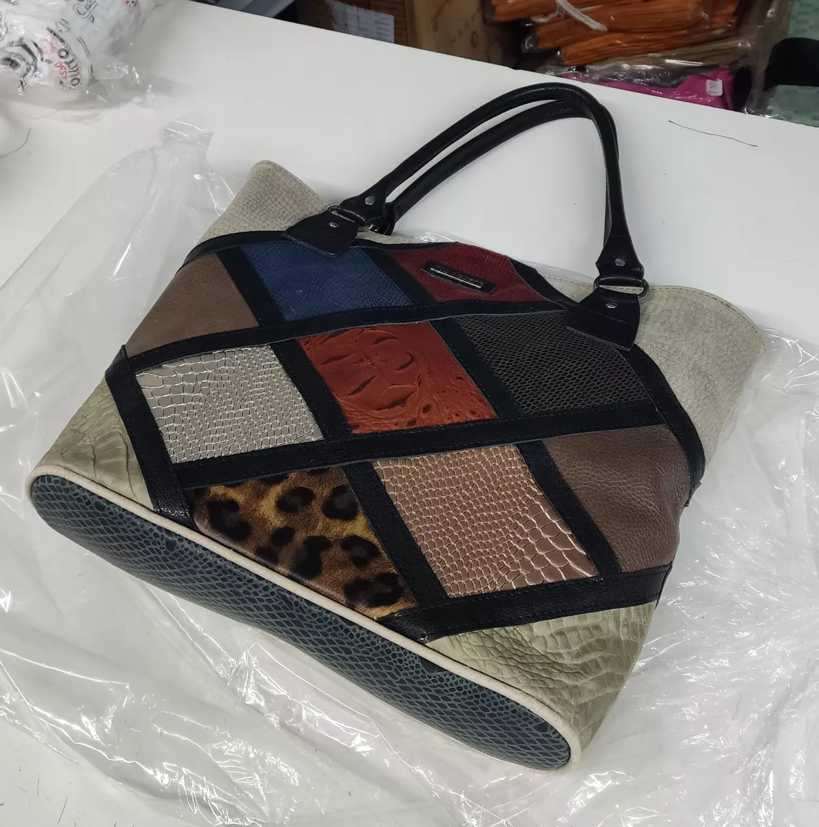 Cartera Tote Bolso Cuero Vacuno Multicolor Cueros Combinados