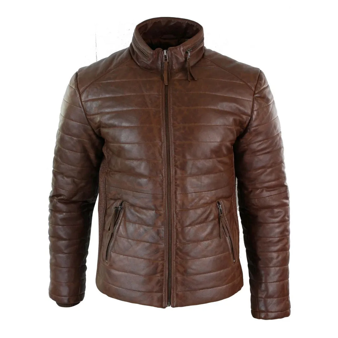 Chaqueta con cremallera de cuero para hombres con cremallera marrón negro