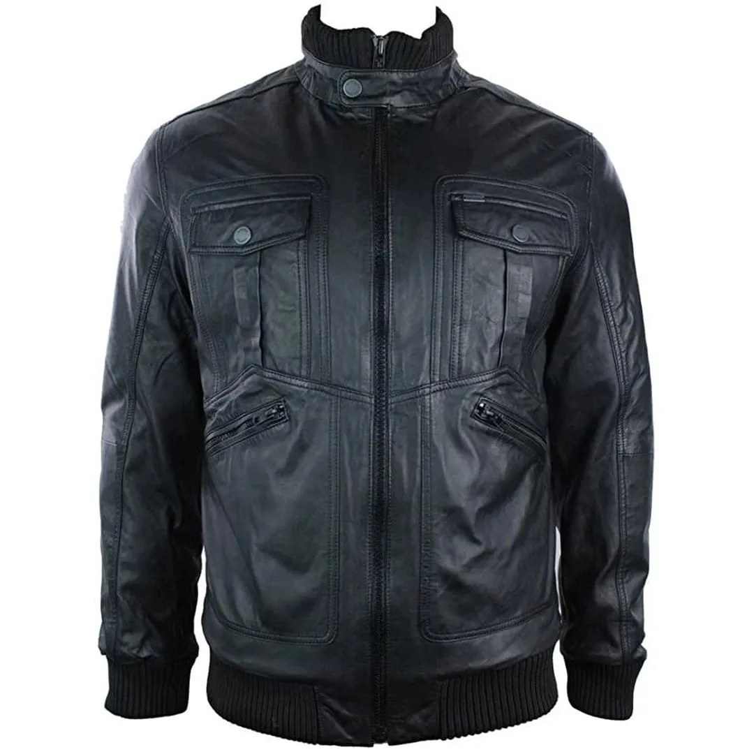 Chaqueta de bombardero de cuero urbano para hombres bolsillos con cremallera alta