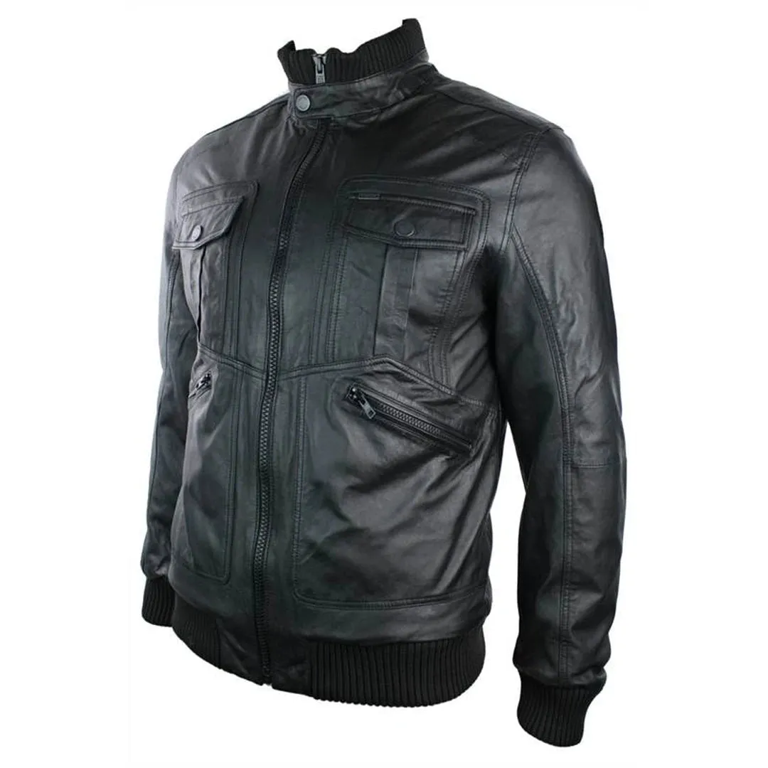Chaqueta de bombardero de cuero urbano para hombres bolsillos con cremallera alta