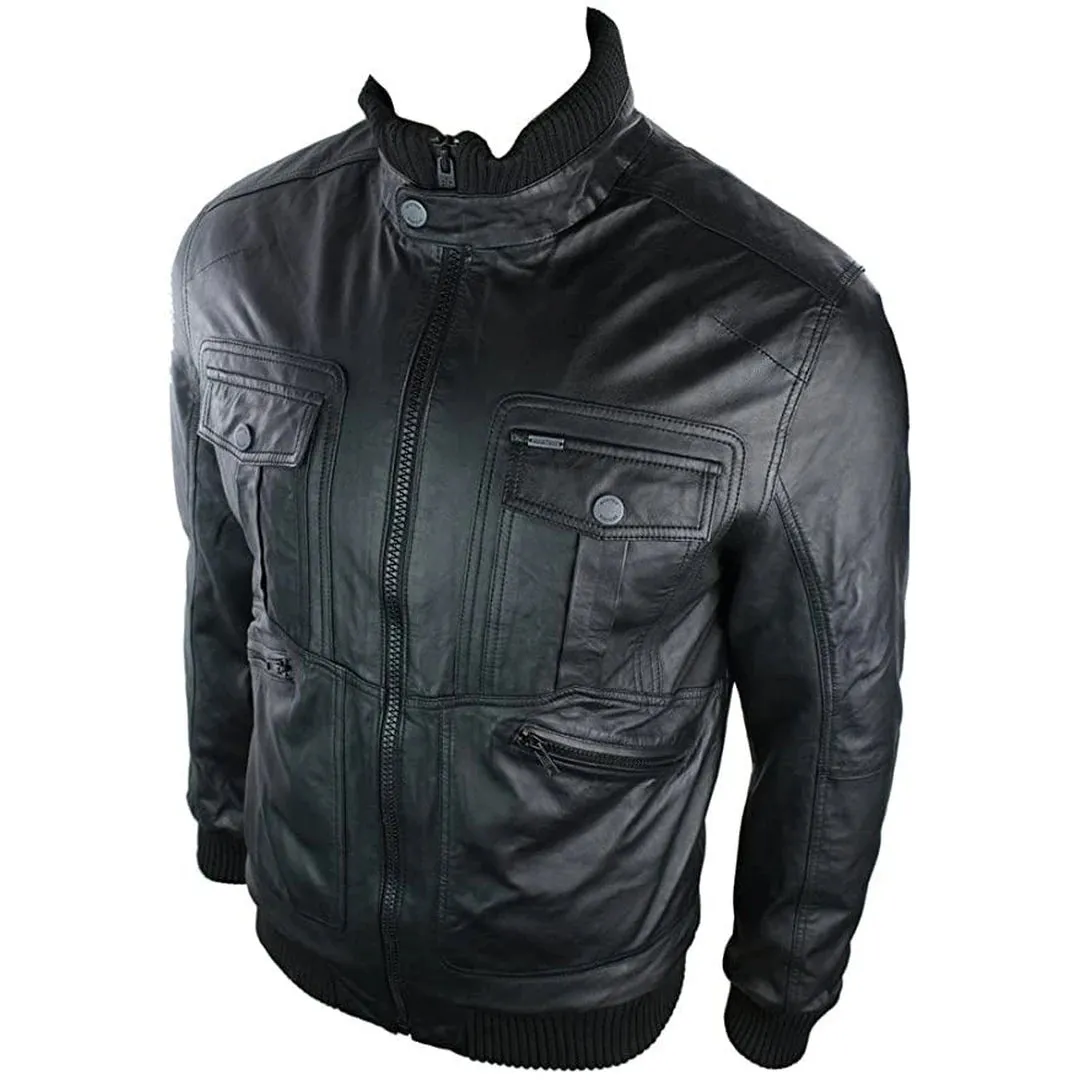 Chaqueta de bombardero de cuero urbano para hombres bolsillos con cremallera alta