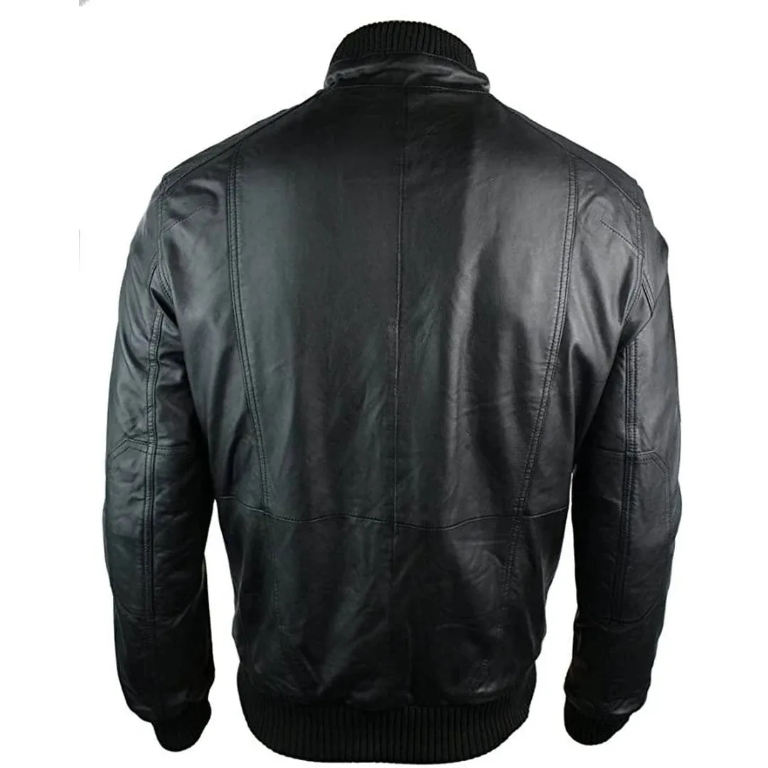 Chaqueta de bombardero de cuero urbano para hombres bolsillos con cremallera alta