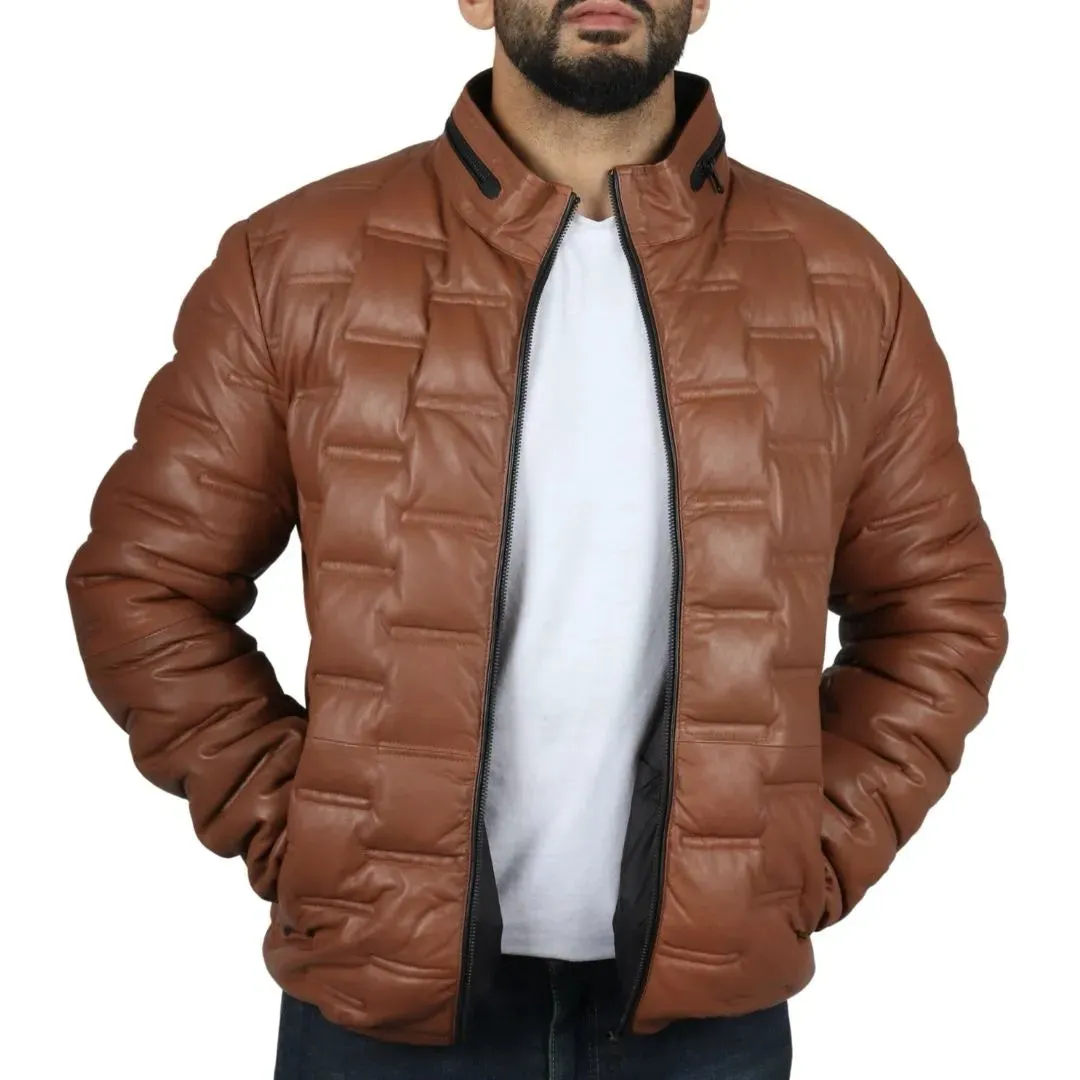 Chaqueta de cintura de cuero real acolchada para hombres