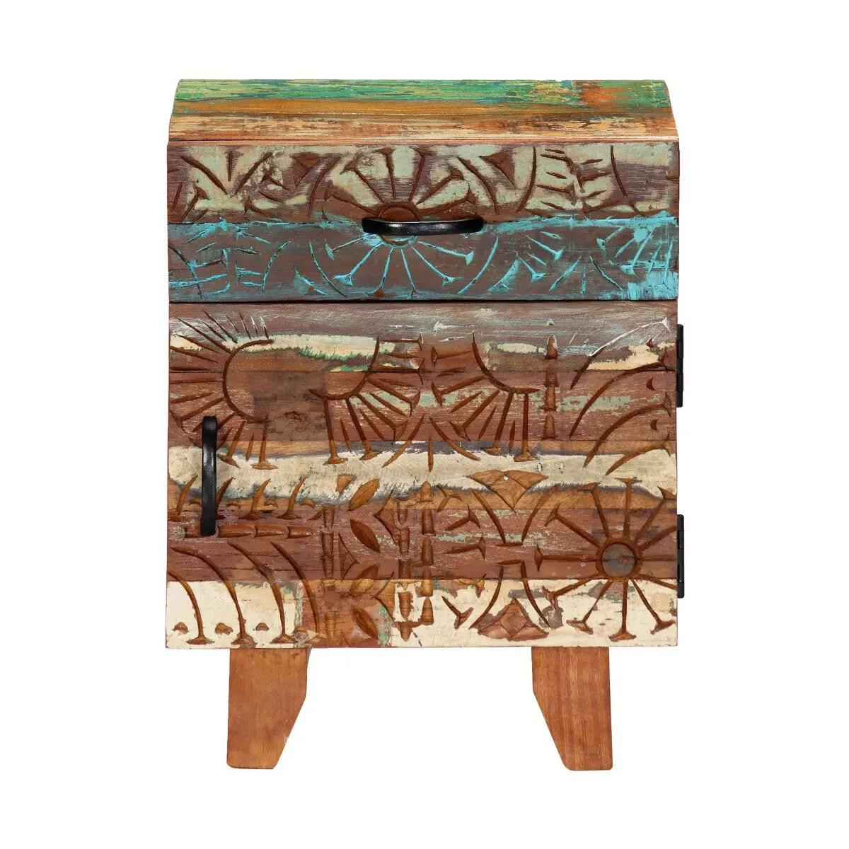 Mesita de noche tallada a mano madera reciclada 40x30x50 cm