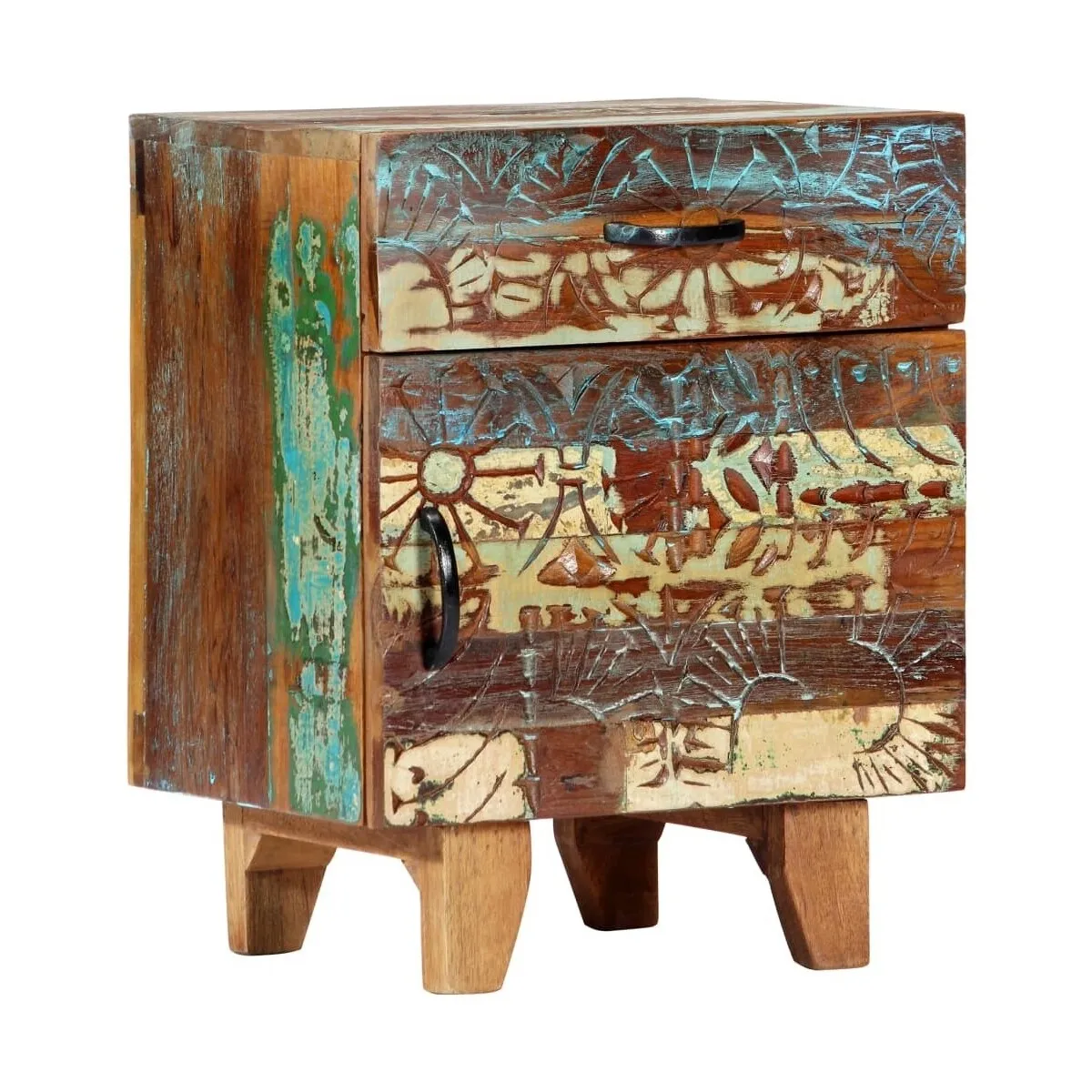 Mesita de noche tallada a mano madera reciclada 40x30x50 cm