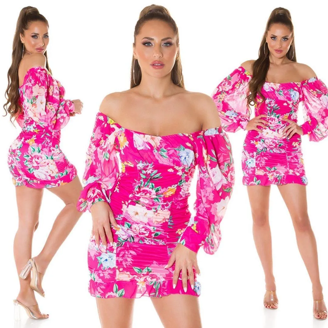 Mini vestido Boho tejido de flores rosa
