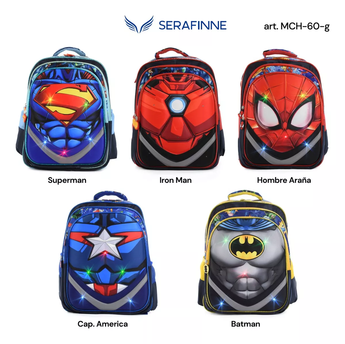 MOCHILA NIñO INFANTIL ESCOLAR SUPERHEROES LUCES MCH60