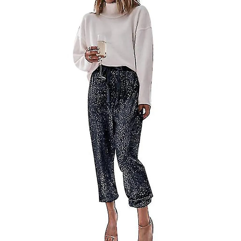 Mujer Glitter Lentejuelas Joggers Pantalones Cintura Alta Elástico Desgaste Pantalones Brillantes
