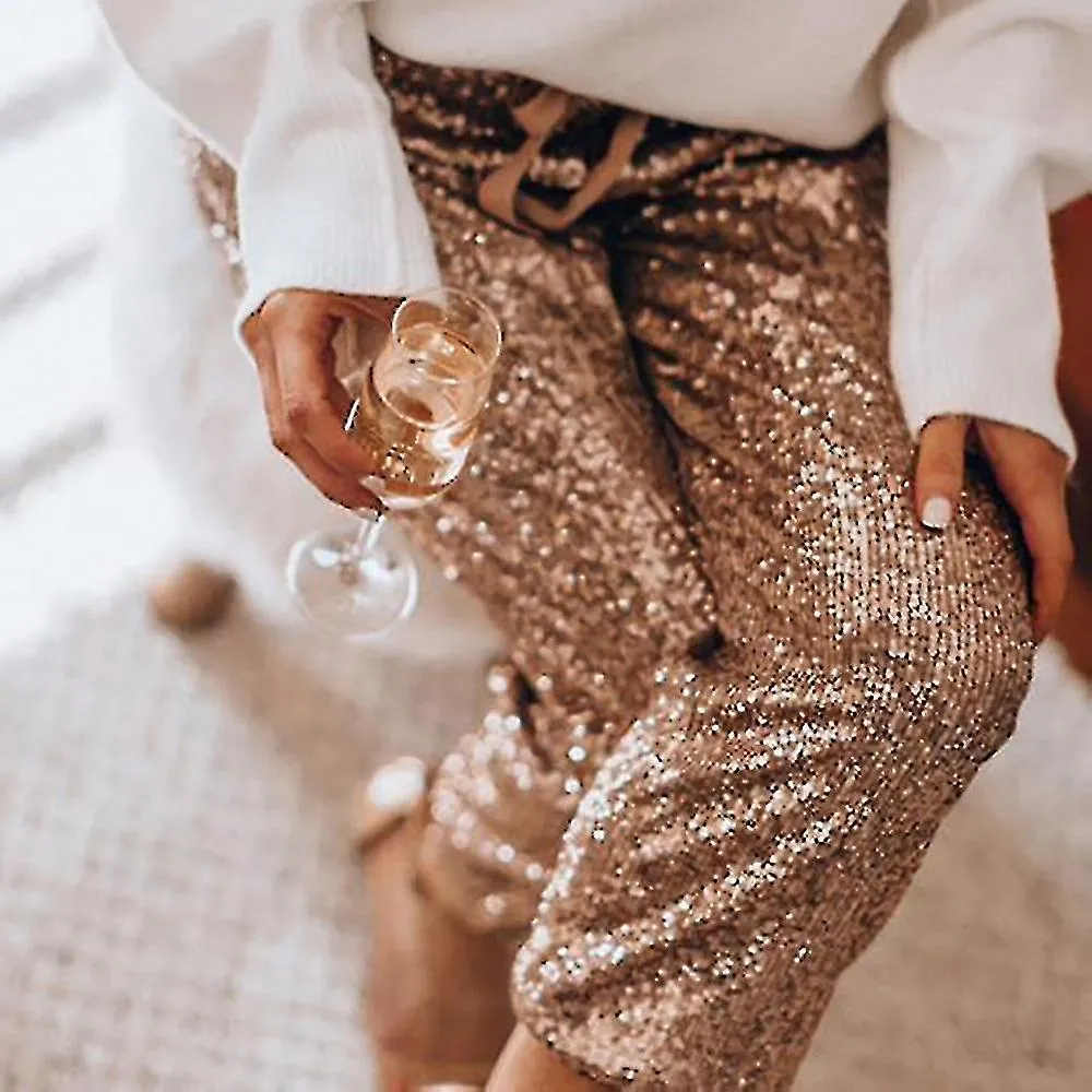 Mujer Glitter Lentejuelas Joggers Pantalones Cintura Alta Elástico Desgaste Pantalones Brillantes