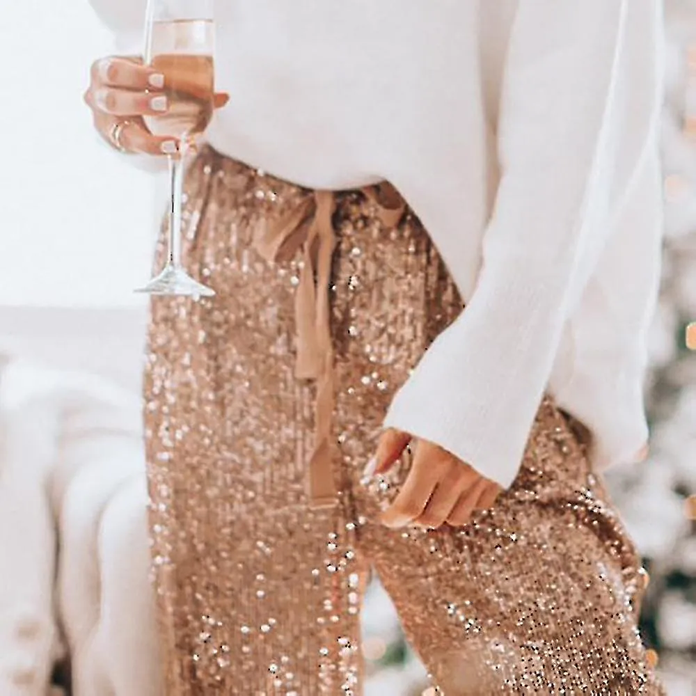 Mujer Glitter Lentejuelas Joggers Pantalones Cintura Alta Elástico Desgaste Pantalones Brillantes