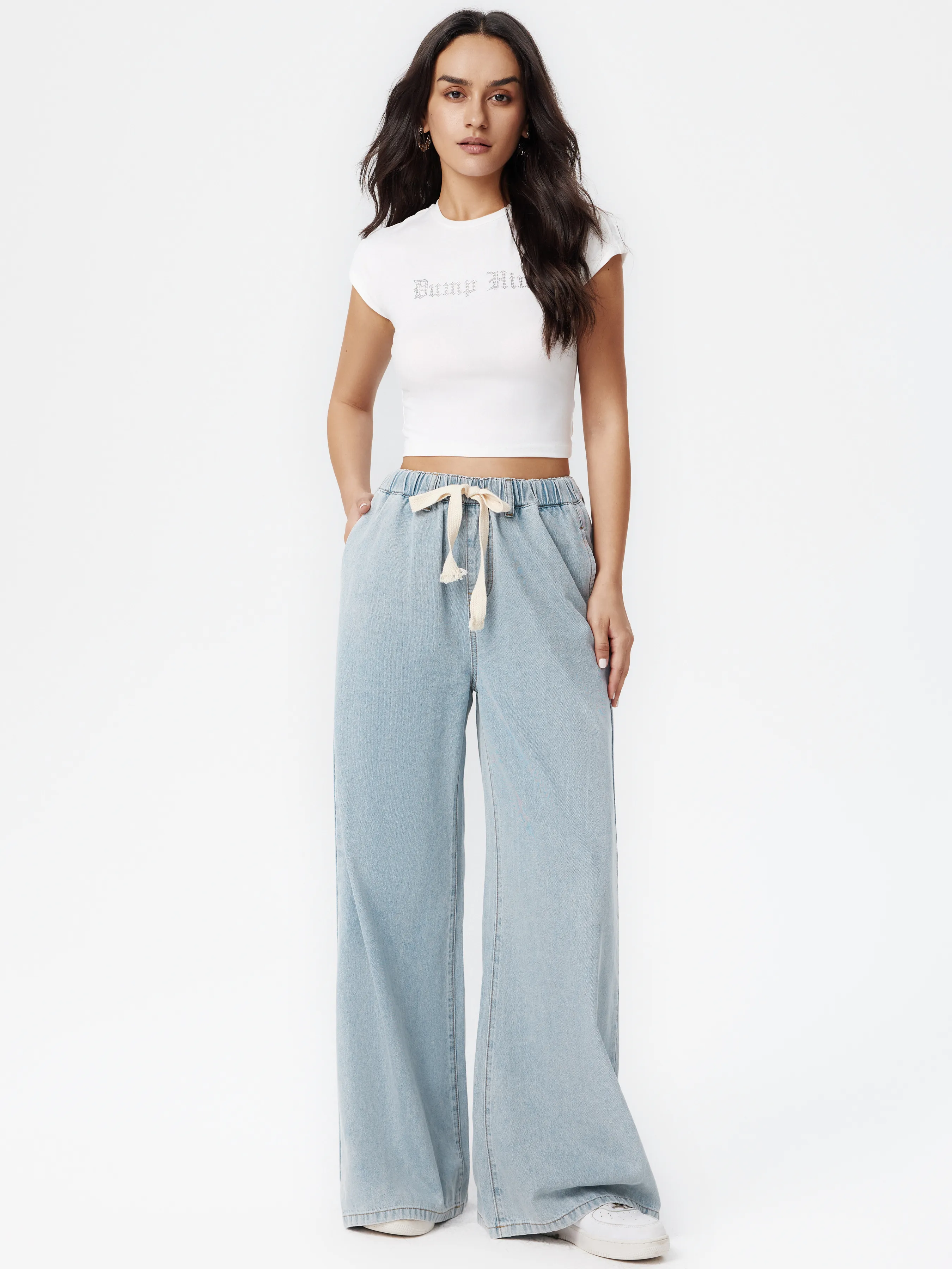 Pantalones Vaqueros Leslie de Cintura Alta y Pierna Ancha con Lazo Frontal Lisos