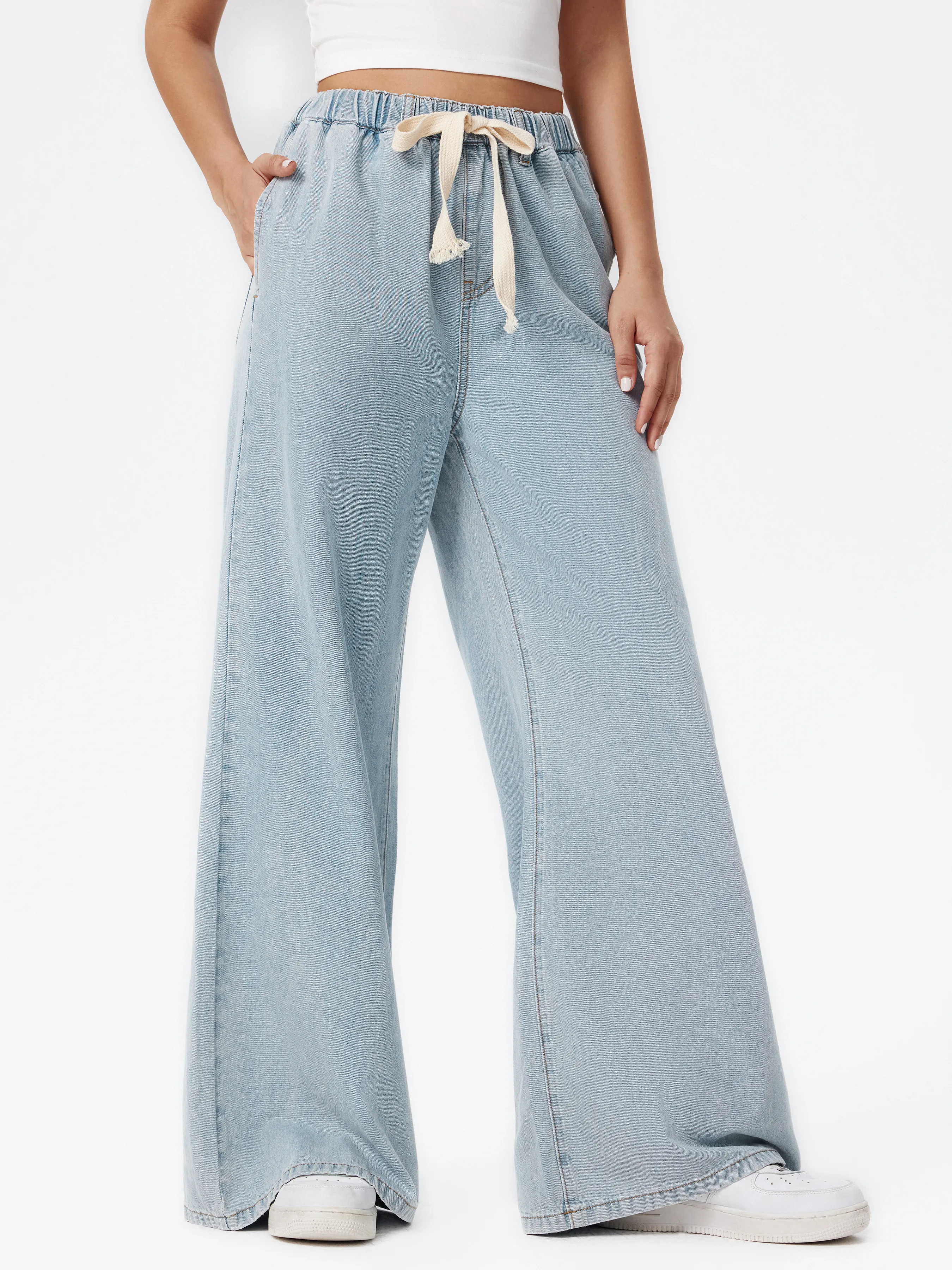 Pantalones Vaqueros Leslie de Cintura Alta y Pierna Ancha con Lazo Frontal Lisos