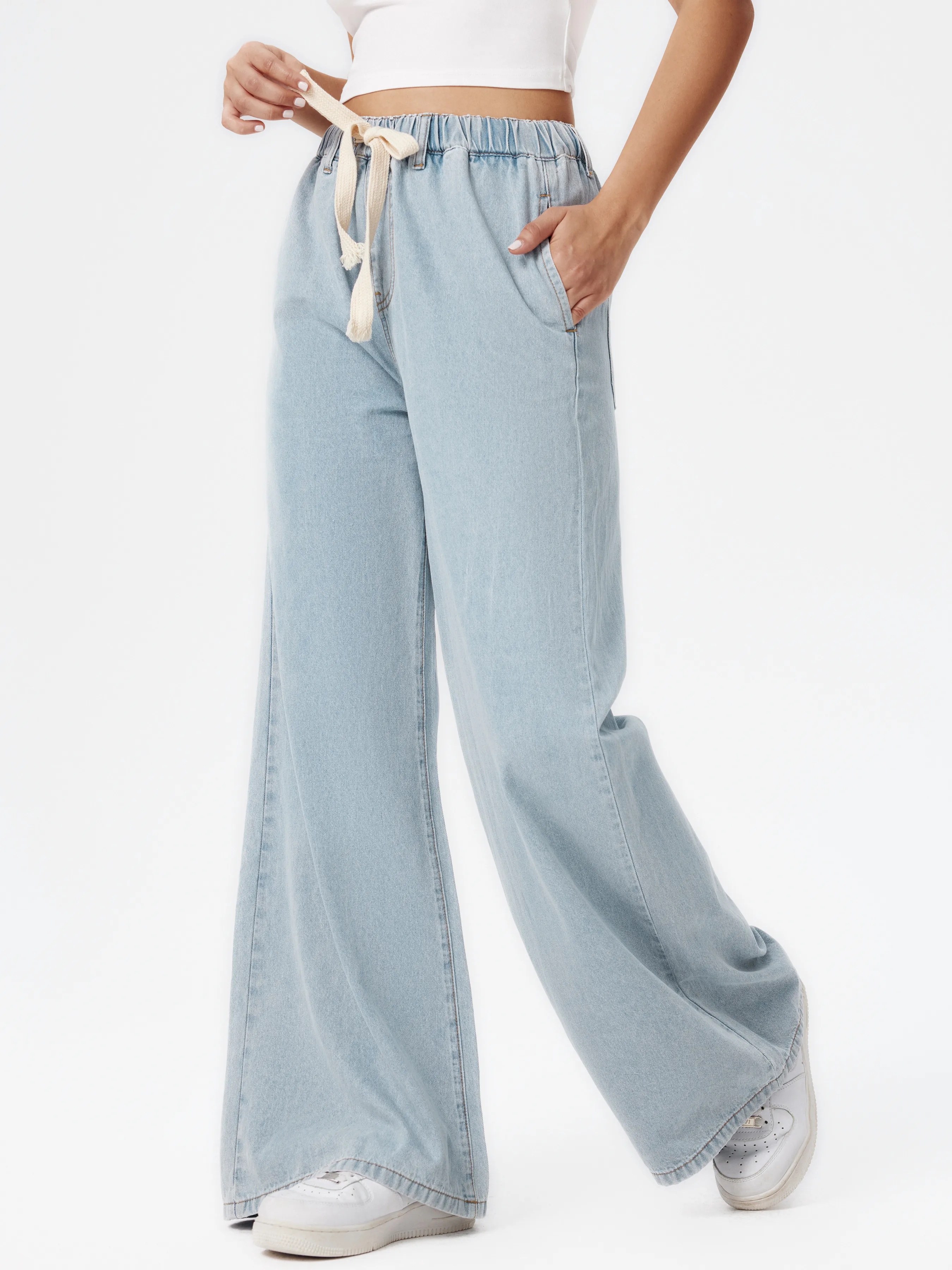 Pantalones Vaqueros Leslie de Cintura Alta y Pierna Ancha con Lazo Frontal Lisos