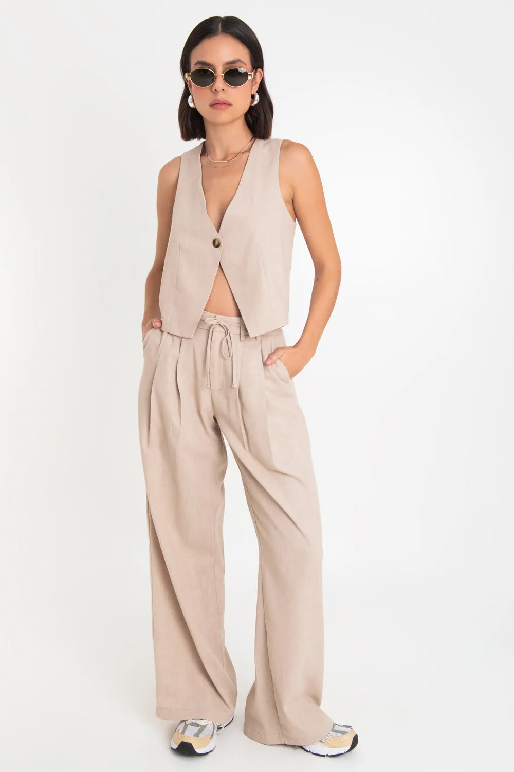Pantalón de lino wide leg con pinzas jareta frontal