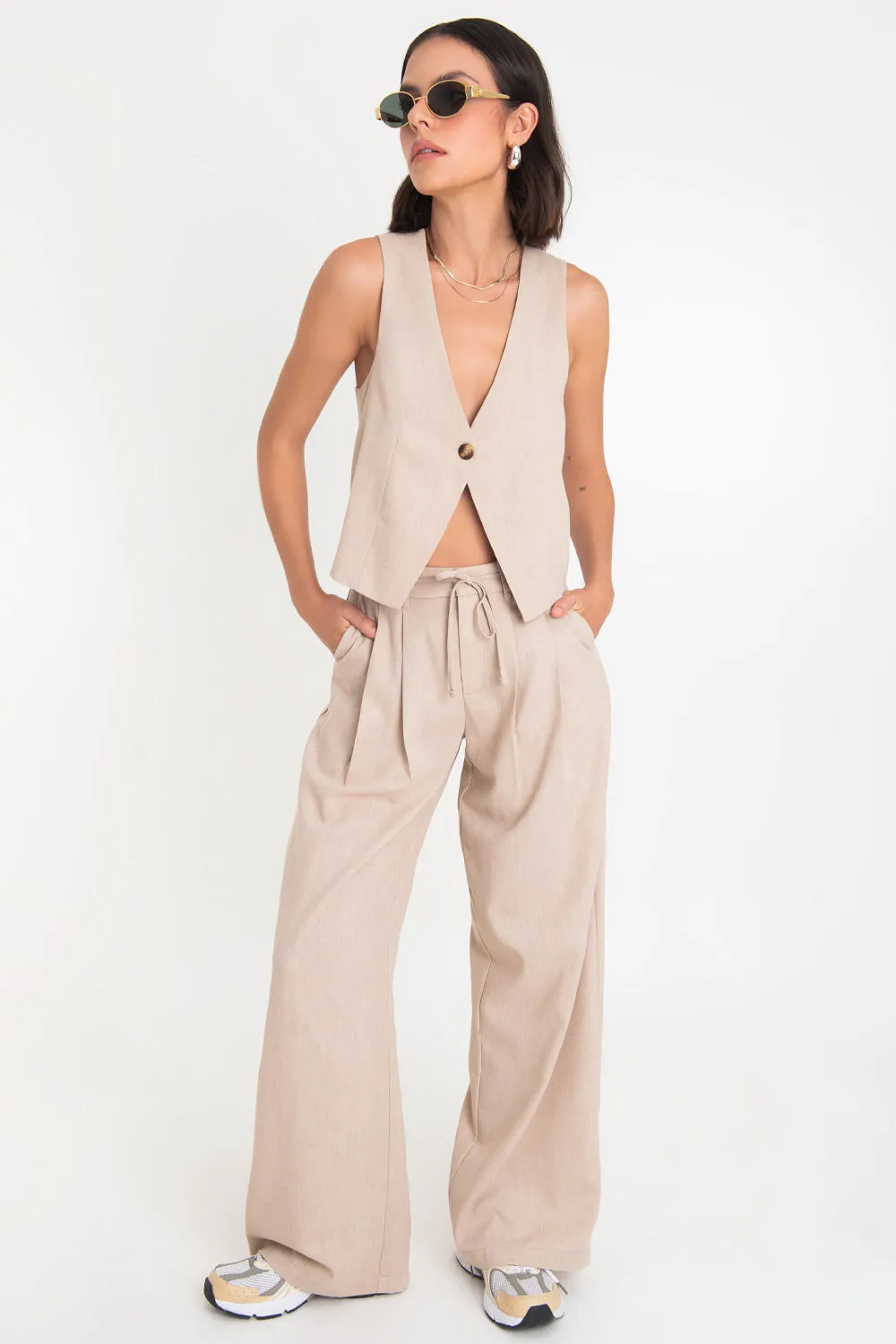 Pantalón de lino wide leg con pinzas jareta frontal