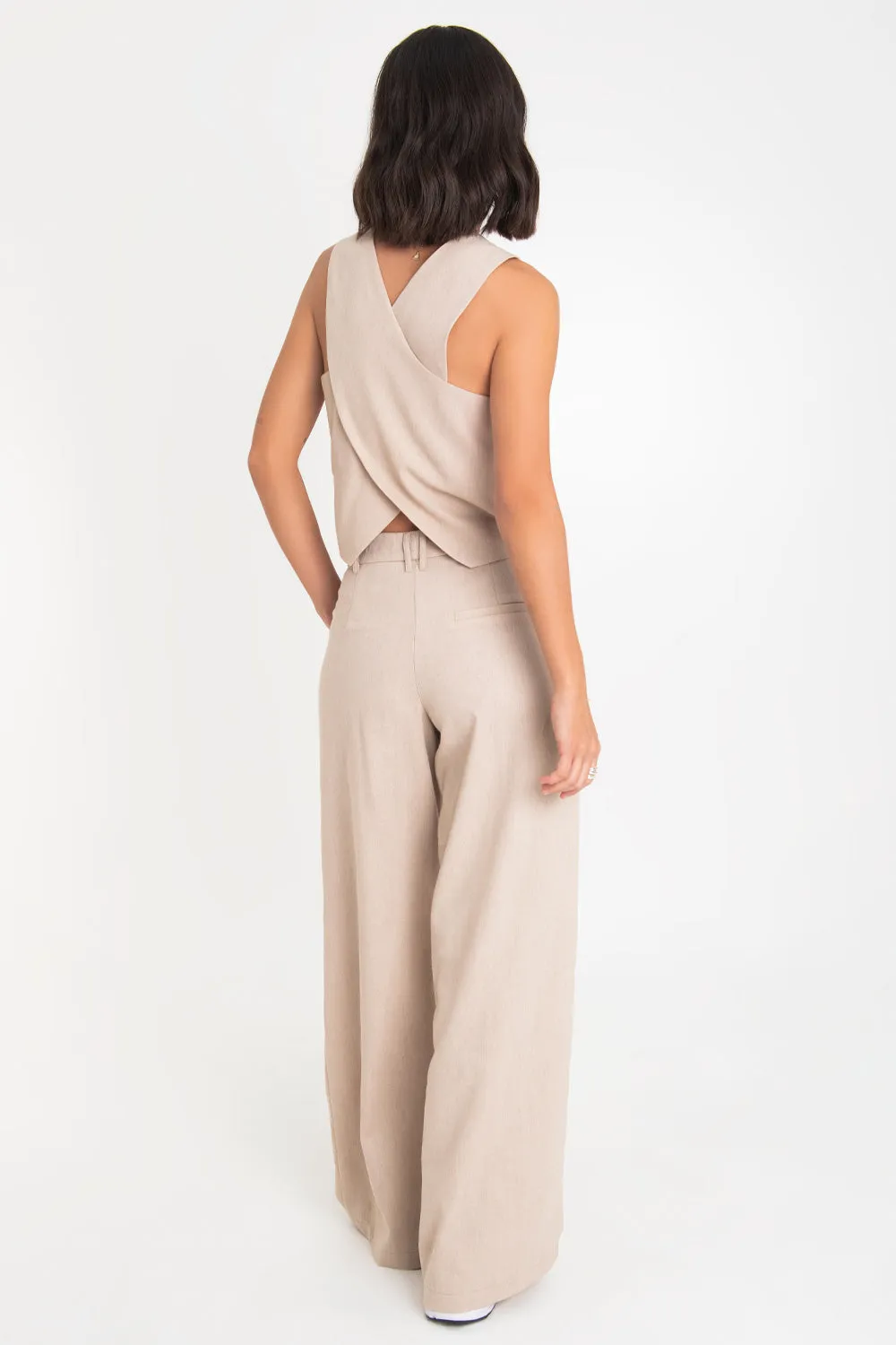 Pantalón de lino wide leg con pinzas jareta frontal