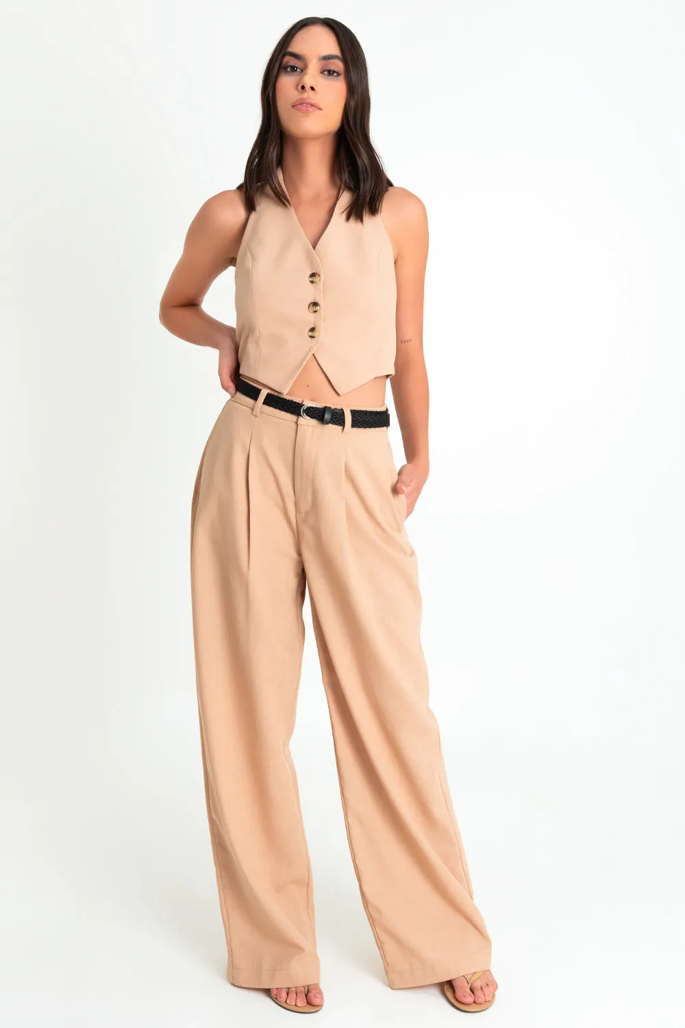 Pantalón de lino wide leg de cintura alta