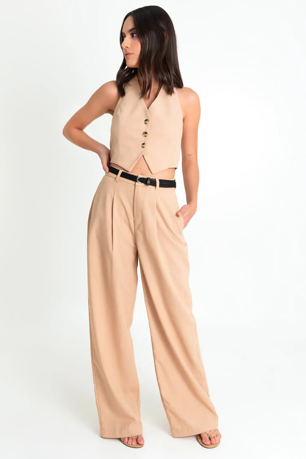Pantalón de lino wide leg de cintura alta