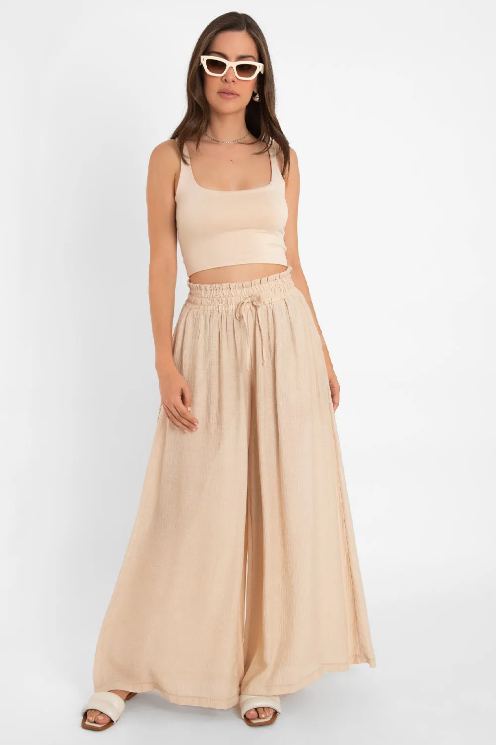 Pantalón palazzo de cintura alta con jareta