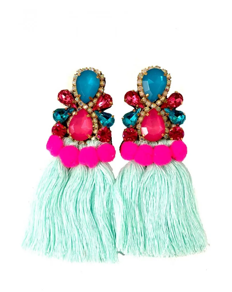 PENDIENTES DE MODA CON FLECOS, POMPONES EN COLORES DE MODA