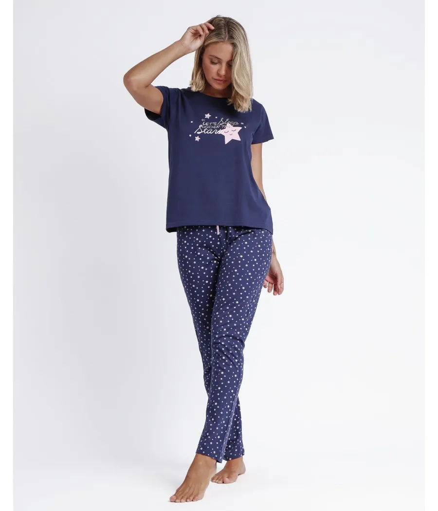 Pijama verano mujer Admas manga corta Pantalón largo azul algodón