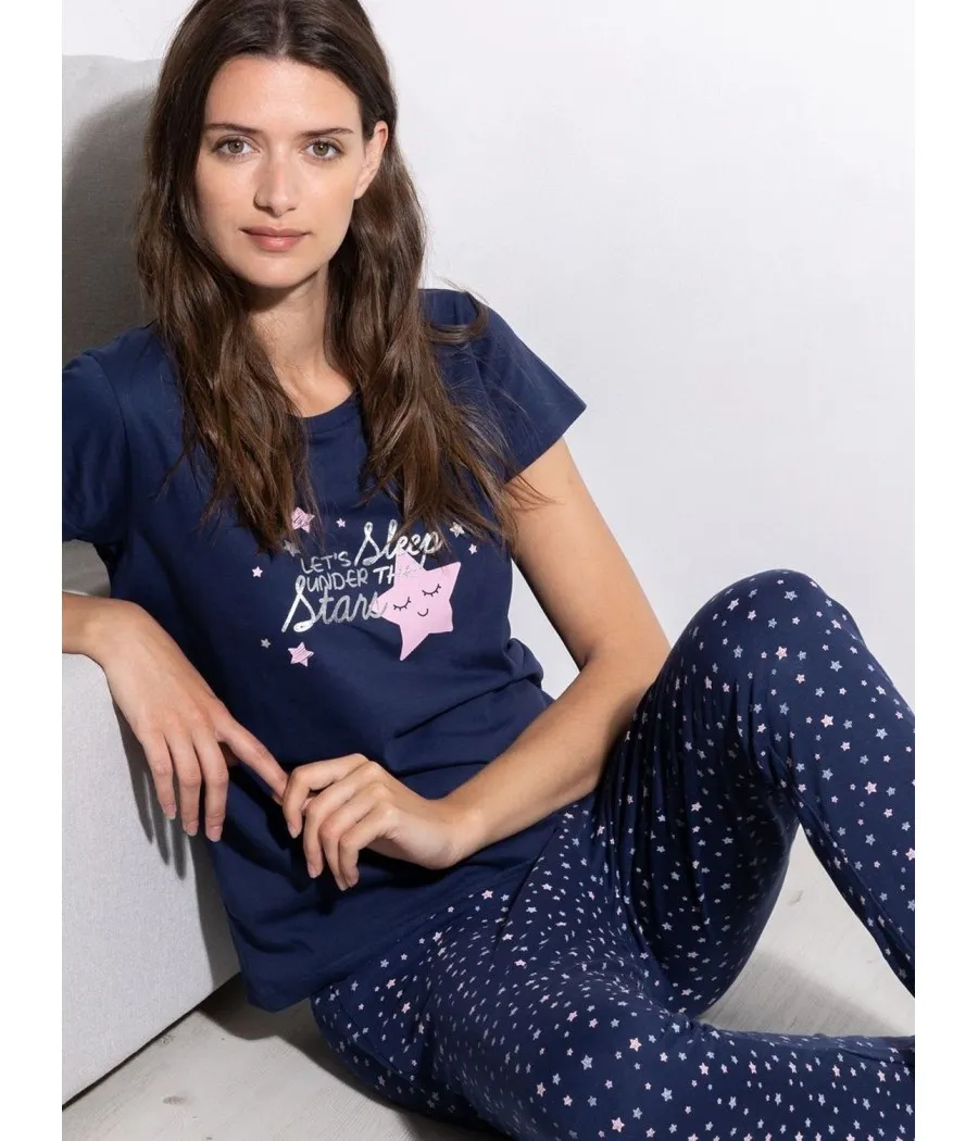 Pijama verano mujer Admas manga corta Pantalón largo azul algodón